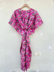 Indian Handmade 100% Cotton Kfatan <b>Robe</b> Women Floral Print V-neck Casual <b>Beach</b> Vacation Wear Winter Summer Spring Autumn Quick - Product Image 5