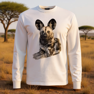 T-shirt à manches longues unisexe col rond motif chien peint africain, impression offset, art animalier, promotionnel pour adulte - Product Image 3