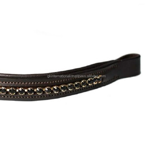 Bande de front de cheval en cuir rembourrée à canal vide de forme droite avec des cristaux ronds dorés et noirs - Product Image 3