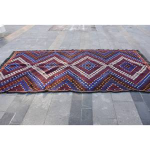 Alfombra de lana roja y negra étnica hecha a mano de 5,4x11 pies, alfombra turca para sala de estar, látex para casa con rectángulo a rayas de retazos - Product Image 4