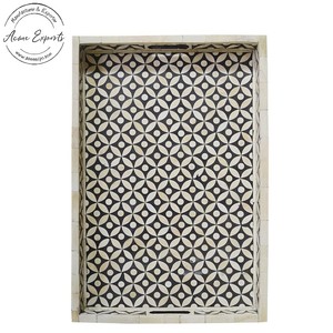 Manufacturer Handcrafted Bone Inlay Serving <b>Tray</b> with Black & White Floral Pattern Used for <b>Table</b> Top Decoration and Serving - Product Image 4