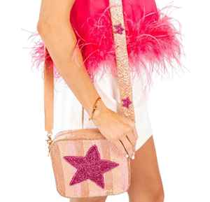 Pochette de luxe Super Star Sac à main rose arc-en-ciel en cristal perlé avec sangle à bandoulière étoile Style de mode Motif à rayures en forme de cœur - Product Image 3