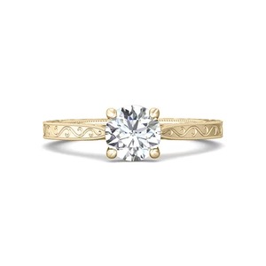Anillo Solitario Redondo Grabado, Joyería Peaceful, Diamante Cultivado en Laboratorio de 0.70 Ct, F-VS2, Banda Detallada en Oro Sólido de 14K con Engaste de Puntas - Product Image 3