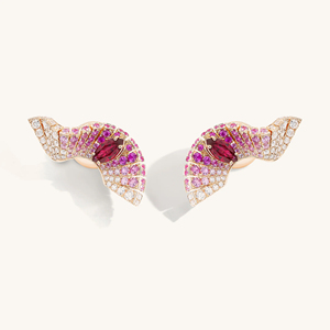 Pendientes de oro rosa con rubí y zafiros rosas, diseño de alas, joyería de lujo para fiesta para mujer - Product Image 1