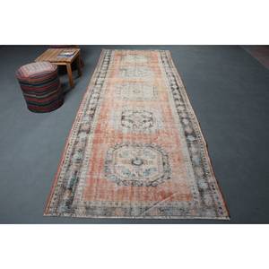 Alfombra turca vintage, naranja y azul de retazos diseño clásico, tejido plano de lana de 4,2x11,3 pies para decoración de sala de estar, respaldo de látex - Product Image 1