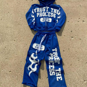 Ensemble de survêtement Y2K Streetwear délavé à l'acide avec broderie et appliques, sweat à capuche et pantalon évasé en molleton épais French Terry - Product Image 1