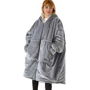 Pull à capuche en flanelle gris clair, taille unique, pour l'hiver, sweat-shirt surdimensionné, manches longues, pour femmes et hommes, couvertures portables - Product Image 2