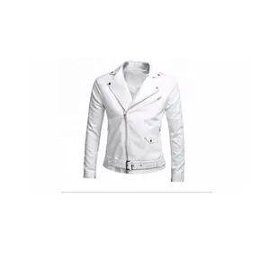 Chaqueta de cuero de motorista para hombre, chaqueta de motorista de color blanco de alta moda con cremallera, estilo de los brazos, collar, banda con botones a presión, la mejor calidad