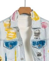 Jaket Denim Pria Biru Muda Multi Warna Distressed Model Trucker Kasual Streetwear Kancing Depan Outerwear