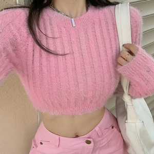 Pelzige Strick pullover Damen O-Ausschnitt Langarm Kurz geschnittene Pullover Tops - Product Image 1