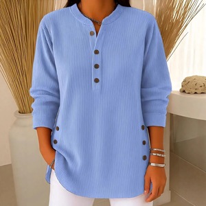 Camiseta Holgada de Manga Larga con Cuello en V y Botones para Mujer, Estilo Casual de Otoño, Color Sólido, Talla Grande - Product Image 3