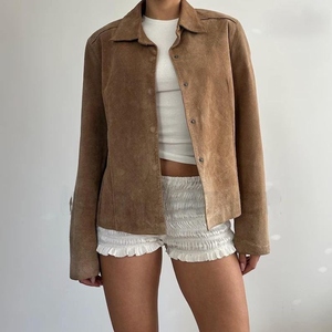 Venta caliente artículo Vintage marrón piel de oveja chaqueta Mujer a prueba de viento Blazer hecho a mano Retro 90s Otoño/Invierno/primavera prendas de vestir exteriores - Product Image 5