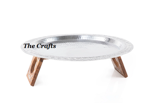 Plateau de service au design fantastique Plateau en bois pour aliments et en-cas avec poignées en cuir Forme ronde Ustensiles de cuisine Plateau de service - Product Image 6