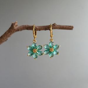 Natural Sterling Silver Emerald Floral Design Earrings Aqua Green Vintage Style Hook Earrings Gift for <b>Mum</b> - Product Image 1