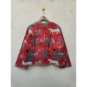 Chaqueta Reversible de Algodón Acolchado de Alta Calidad, Ecológica, con Cuello en V, para Mujer, con Estampado Único de Animales de la Selva y Rayas, Lino y Cachemira - Product Image 6