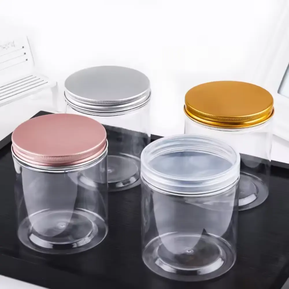 Frasco de plástico PET transparente para cosméticos para cuidados com a pele, manteiga corporal, smoothie com tampa em ouro rosa, para armazenamento de alimentos, fabricado no Vietnã