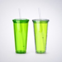 Gobelet en plastique transparent réutilisable personnalisé en gros avec paille et couvercle, anti-fuite, sans BPA, écologique, vaisselle personnalisée