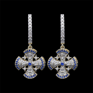 Pendientes de aro de diamantes de oro amarillo de 14 quilates con diseño de gota cruzada con diamantes naturales y zafiros azules para un estilo elegante - Product Image 1