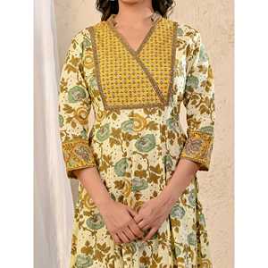 Vestido Largo Estampado Jaal de Algodón Amarillo Crema, Elegante, Talla Única XS, con Mangas Abullonadas, para Fiestas de Cumpleaños, Oficina, Trabajo, Club, Uso Diario - Product Image 2