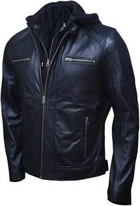 Chaqueta de piel de cordero auténtica para hombre con cremallera desmontable Capucha con cordón negro marrón cuello de pie capucha de lona extraíble - Product Image 5
