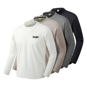 เสื้อยืดคอกลมแขนยาวสำหรับผู้ชายผ้าถักสีพื้นผ้าฝ้าย100% สไตล์สตรีทแวร์ - Product Image 5