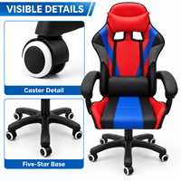 Chaise de jeu moderne en PVC rouge, bleu et noir avec accoudoirs reliés, deux coussins et fonction inclinable pour bureaux à domicile, salles d'étude et salles de jeu