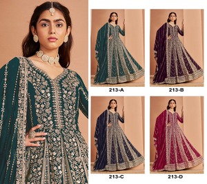 Hermoso bordado Georgette largo estilo Anarkali vestido pantalón Dupatta conjunto indio paquistaní ropa para bodas fiestas adultos - Product Image 6