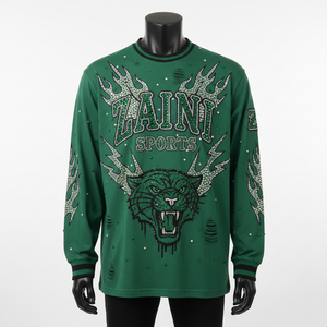 Camiseta de Manga Larga de Poliéster y Elastano de Primera Calidad, Tejido de Punto Suave, Color Verde, con Pedrería, Logotipo Personalizado por Transferencia Térmica, para Hombre - Product Image 1