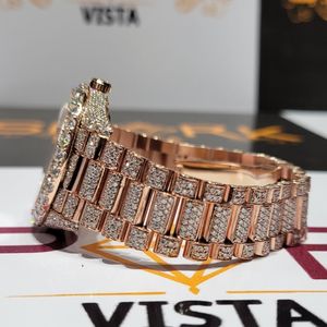 Montre mécanique en or rose scintillant, bijoux de luxe unisexe avec chiffres romains, boîtier en acier inoxydable, écologique - Product Image 3