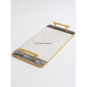 Bandeja para servir alimentos y otros artículos con forma de rectángulo hecha de mármol de Color blanco de excelente calidad con asas de Metal chapado en oro - Product Image 6