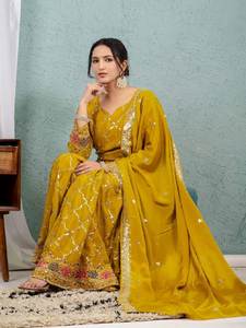 Nouveau designer indien et pakistanais fête porter haut Sharara Plazzo Dupatta-lourd Chinon soie réversible moderne élégant élégant lancement - Product Image 4