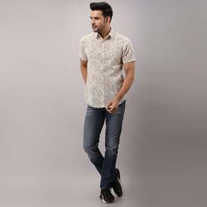 Beige Regular Men's Cotton Printed <b>Shirt</b> <b>Button</b>-Up Collar Short Sleeves Breathable Poplin Fabric New Condition Digital Single - Product Image 1
