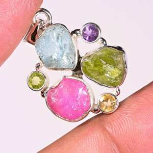 Raw Multi Stone Pendant <b>Necklace</b> Uncut Gemstones Aquamarine Ruby <b>Peridot</b> Vintage Silver Dainty Jewelry Gift - Product Image 1
