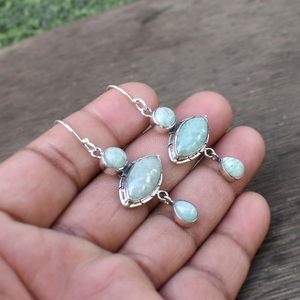 Fait à la main 100% naturel Amazonite pierres précieuses 925 argent Sterling boucles d'oreilles marquise forme femmes mode cadeau d'anniversaire - Product Image 5