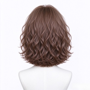 Milk Tea Brown <b>Short</b> Wavy Bob <b>Human</b> <b>Hair</b> <b>Wig</b> With Thin Air Bangs - Product Image 4