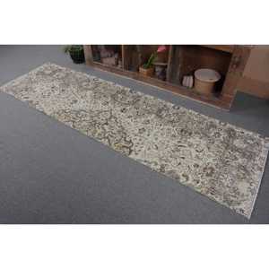 2.7x9.1 ft Rug, Vintage Turkish Rug, <b>Brown</b> Gray Polka dot <b>Wool</b> Rug - Product Image 3