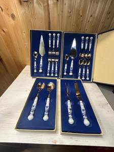 Juego de cubiertos de cabeza plateada con mango de diseño blanco y azul para cenas elegantes, fiestas de boda, cocina casera y uso en restaurante - Product Image 3