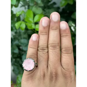 10K Gold and 925 Silver Rose Quartz Cocktail <b>Ring</b> with Bezel Setting Geometric <b>Statement</b> <b>Ring</b> for Parties Rhodium Plated - Product Image 3