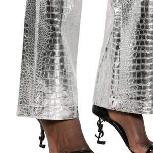 Birger Christensen Pantalon droit à taille haute en crocodile gaufré Finition métallisée Couture tonale Cinq poches Boucles de ceinture - Product Image 5