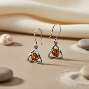 Pendientes de Nudo Celta de Plata 925 Chapados en Oro Blanco y Amarillo Vintage con Ámbar para Mujer - Regalo - Product Image 2