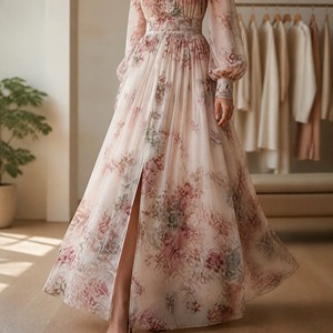 Nuovo <span class=keywords><strong>Abito</strong></span> Vintage da Donna in <span class=keywords><strong>Chiffon</strong></span> Stampato con Collo Tondo, <span class=keywords><strong>Maniche</strong></span> <span class=keywords><strong>Lunghe</strong></span> e Vita Plissettata, Stile Europeo-Americano - Product Image 4