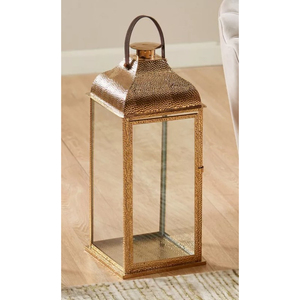 Handcrafted Hammered Metal <b>Decorative</b> <b>Lantern</b> With Brass Copper Finish And Glass Vintage Indoor Candle Holder Home Decor - Product Image 1