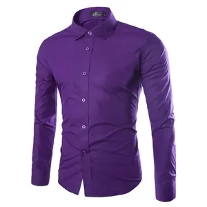 专业连衣裙紫色时尚男士素色衬衫男士商务棉修身长袖男士定制连衣裙衬衫
