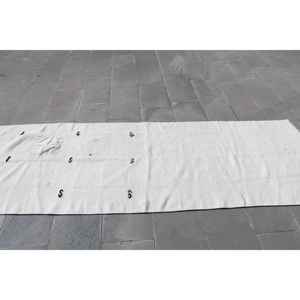 พรมวินเทจขนาด 3.1x9.4 ฟุต, พรมวิ่งสไตล์ตุรกี, พรมขนสัตว์ขอบสีขาวดำ - Product Image 2