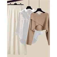 Ensemble de 3 pièces d'hiver pour femmes-Office Ladies Elegant Irregular Knitted Sweater + Shirt + Wide Leg Pants Set Women Clothing