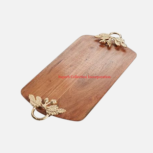 Dining Ware Food Dessert Snacks Serving <b>Tray</b> Cookies Server Platter Wooden <b>Round</b> <b>Tray</b> With Floral Gold Metal Handle For Sale - Product Image 6