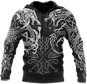 Sweat à capuche imprimé dragon noir et blanc pour hommes avec fermeture éclair et motif viking nordique Streetwear élégant à manches longues veste décontractée sweat-shirt à la mode - Product Image 1