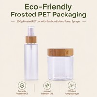 Toples plastik PET Frosted transparan 250g dengan tutup bambu sablon botol kosmetik injeksi dengan pompa penyemprot