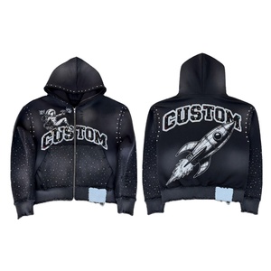 Sudadera con capucha extragrande con cremallera y logotipo personalizado, de alta calidad, 400 GSM, efecto desgastado, con pedrería, unisex, estilo urbano - Product Image 1