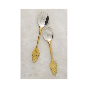 High Korean Design Cutlery Set-Gold Long <b>Stick</b> Leaf End Handle Silver Matt Mirror Polished Spoon Fork Salad Server Elegant - Product Image 1